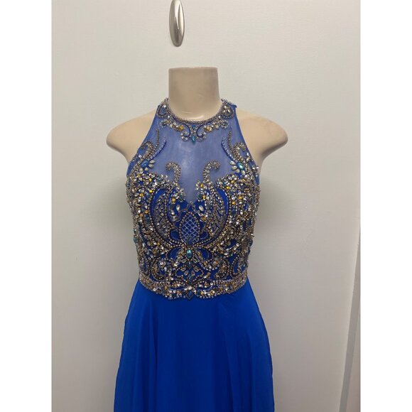 Royal Blue Sleeveless Halter Prom Dress With Beaded Bodice & Sheer Back Detail - Picture 5 of 12